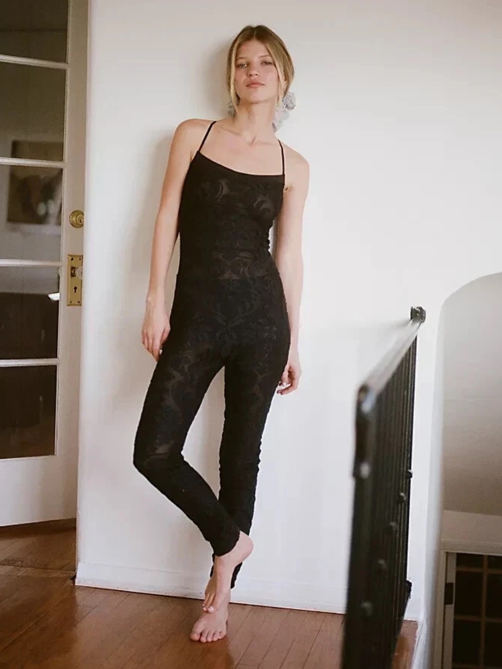 Free People Black Lace-Pattern Spaghetti Strap Catsuit